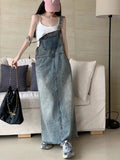 DERMEARNE SML Women Loose Ladies Vintage Long Denim Dress Female Preppy Style Spaghetti Strap Jeans Denim Dresses Female (L60050