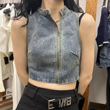 Vintage Cropped Denim Vest Women Streetwear Grunge Y2k Jean Sleeveless Jacket Cyber Style Summer Short Tops Aesthetic