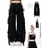 Dermearne American Retro Dopamine Wear With Women Multi Pocket Cargo Pants Line Decoration With All Straight Leg Loose Wide Leg Jeans