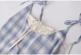 Women's Gentle Style Fresh Plaid Lace Spliced Fake Two-piece Camisole Dresses Summer Off-shoulder Lace-up Mid-length Sling Dress