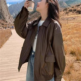 Dermearne Leather Jacket Women's Spring And Autumn New Retro Black And Brown Casual Fashion Zipper Loose Plus Size Leather Jacket