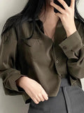 Dermearne Designed Women Shirts Korean Fashion Solid Long Sleeve Button Up Tops Office Ladies Chiffon Short Blouse New