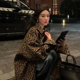 Leopard Vintage Shirts Gyaru Oversized Streetwear Stylish Women's Blouse American Retro Long Sleeve Outerwears Autumn
