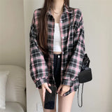 DERMEARNE Women Tartan Shirt Long Sleeve Collared Button Up Oversized Plaid Shirt Flannel Jacket Grunge Teenage Girl Spring Summer Outfit