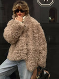 Dermearne Vintage Faux Fur Coat Women Chic Long Sleeve Stand Collar Pockets Loose Curly Fur Jacket Female Single Breasted Tops Winter