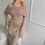Autumn Winter Knitted Maxi Dress Women Sexy Off The Shoulder Slim Sweater Dresses Elegant Long Sleeve Solid Basic Party Dress