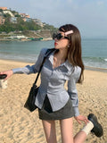 Dermearne Women Korean Polo Collar Striped Shirts Women New Shirt Waist Hugging Slimming Design Sense  Versatile Top Long Sleeve Blouse