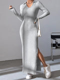 Dermearne Women sexy knit V-neck reverse neck split dress autumn winter full sleeve elastic basic body sweater