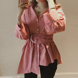 Women Striped Shirts With Belt Casual Tops Autumn Long Sleeve Turn-down Collar Button-up Loose Blouse Casual Oversize Streetwear