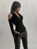 Vintage Off Shoulder Hollow-out Slim Bodycon Jumpsuit Sexy V-neck Y2K Halter Long Sleeve Body Tops Club Outwear Bodysuits Women