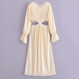 Women Sexy Cut Out Pleated Dress Vintage Long Sleeve O Neck Female Casual Chiffon Dress Midi Vestido
