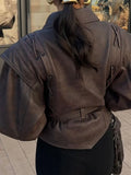 Fashion Leather Woman Short Jacket With Belt Turn Down Collar Long Sleeve Motorcycle Coat Ladies Winter Warm Street Outerwear
