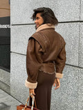 Women Retro Fur Collar With Belt Short Leather Jacket Chic Long Sleeve Zipper Warm Splicing Coat 2024 Fall Lady High Streetwear