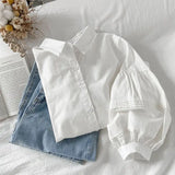 Puff Sleeve Shirts Women White Turn Down Collar Preppy Style Chic Female Tops Korean Fashion All Match Simple Summer Blouse