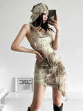 Kalevest Gothic Vintage Tie Dye Print Slim Hooded Dresses Women Sexy Tassel Sleeveless Bodycon Club Party Mini Dress Streetwear