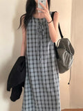 Korea Fashion Plaid Chic Retro Midi Dress Women Lace-up Y2k Design Loose Casual Vest Dress Famale High Street Elegant Clothes