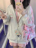 Japanese Fashion Kawaii Zipper Hoodie Women Harajuku Cute Pink Cat Embroidery Oversized Hooded Sweatshirt  Winter 2023