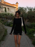 Dermearne Fashion Contrasting Ruffle Hem Knit Mini Dress Women Elegant O-neck Long Sleeve Bodycon Dresses 2024 Lady Street Short Robes