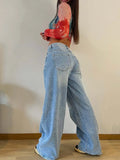 Dermearne Women Jeans Denim Wide Leg Pants High Waist Washing Loose Fit Pockets Zipper Fly Flat Streewear Spring 2024 Slight Strech