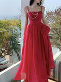 Summer Ladies Solid Sexy Pleated Slip Dress Holiday Party Long Dress Women Bodycon Elegant Backless Sundress Boho Red Chiffon