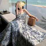 French Summer New Vintage Ink Painting Print Sleeveless Slip Long Dress Women 2024 Fashion Backless Slim Elegant Party Dresses