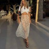 White Lace Maxi Skirt Women Sexy See Through Beach Bikini Cover Up Skirts Summer Casual Loose High Waist Holiday Skirt 2024