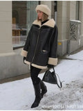 Fashion Thicken Leather Fur Women's Coat Winter Long Sleeve Velvet Lapels Coats Female Street Black Engine Lady Bike Jacket