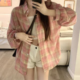 Tops Women Sheer Chiffon Plaid Shirt Long Sleeve Button Up Collared Oversize Checked Shirts and Blouse Summer Casual Outfit