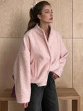 Woman Clothes Autumn Winter Stand Collar Pink Jacket Fashion Casual Single Breasted Warm Coats 2024 Streetwear Casual Fleece Top
