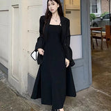 Black Midi Dress Women Spaghetti Strap Split Solid Color Casual Elegant Dresses