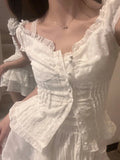 Slim V Neck Crop Top White Lace Blusas Mujer De Moda 2024 Tunic Tanks Camis Summer Blouse Women Shirt Hotsweet Shirts Pleated