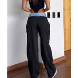 Fashion Women's Jeans Slim Waist Patchwork Colorblock High Waist Long Stretch Denim Pants Straight Trouser Wide Leg Jeans