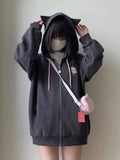 Gray Solid Harajuku Hoodies Women Japanese Style Y2k Cuteore Soft Girl Cartoon Embroidery Zipper Hoodes Sweatshirt 2024