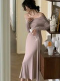 Elegant Off Shoulder Knit Midi Dresses Women Autumn Long Sleeve Pleated Dress Slim Evening Party Female Clothing