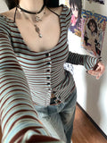 Vintage Striped Cotton T Shirts Women Japanese Style Y2k Bandage Crop Tops Trendy 2000s Casual Long Sleeve Tees Female New