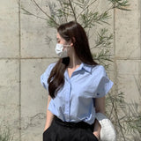 Korean White Shirt Chic Casual Design Sense Niche Blue Shirt Women Top French Sle White Polo Shirt Summer Girl Sweet Clothes