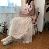 Sweet Tulle Midi Skirt Women Streetwear Bow Mesh Pleated Skirts Korean Fashion Elegant High Waist Black A Line Skirt New