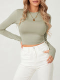 Fashion Women Basic T-shirt with Thumb Holes Long Sleeve Crew Neck Solid Slim Fit Basic Crop Top Streetwear