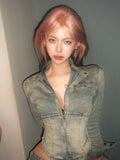 90s Vintage Short Denim Jacket Women Harajuku Grunge Slim Zipper Jean Jacket Korean Washed Cropped Coats Y2K Streetwear