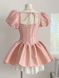 Y2K Pink Satin Princess Short Dresses for Women Puff Sleeve Square Collar Ruffles A-line Evening Party Dress Kawaii Mini Vestido