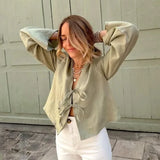 2024 Spring New Female Street Tops Green Linen Lace Up Long Sleeve For Women Fashion Chic Casual Loose V Neck Shirt