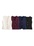 Women V-neck Pleated Knitted Casual Top Metal Vest Button Sleeveless Vest Top Female Clothing 2024 Summer Fashion Lady Outfit