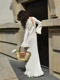 Women Elegant Ruffle Hem Knit White Long Dress O-neck Flare Long Sleeve Backless Bandage Dresses 2024 New Evening Party Robes