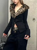 2024 Autumn Vintage Leopard Patchwork Tops Women Japanese Gyaru V-neck Long Sleeve Sweater Streetwear Slim Sexy Y2k Cardigan New
