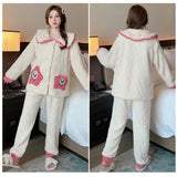 Large Size Winter Plush Pajamas Set Women's Sweet Cardigan Long Sleeve Trousers Loungewear Thicken Warm Fluffy Sleepwear