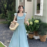 Small Flying Sleeves Dress Women 2024 Summer New Slim Sweet ElegantFashion Square Collar Casual Long Dresses
