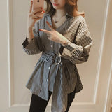 Women Striped Shirts With Belt Casual Tops Autumn Long Sleeve Turn-down Collar Button-up Loose Blouse Casual Oversize Streetwear