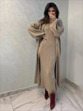 High Quality Women's Solid Color Knitted Set Sexy Long Sleeved Loose Cardigan Jacket Sleeveless Dress Casual Two Piece Set