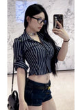 Dermearne Sexy Bodycon Striped Shirt Women Korean Fashion Vintage Office Lady Slim Long Sleeve Blouses Hot Girl High Street