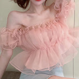 Dermearne Womens Elegant Off The Shoulder Puff hort Sleeve Blouse Summer Chiffon Slim Fit Party Crop Top